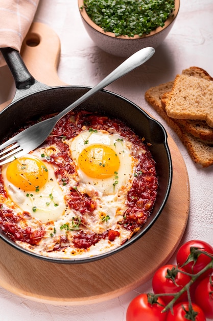 Tradycyjne izraelskie jaja żywności z pomidorami shakshouka na patelni z bliska