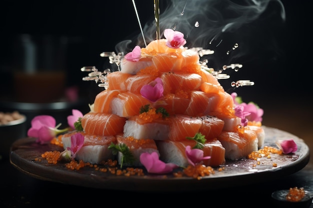 Zdjęcie tradycyjne japońskie danie sushi zrobione z ryżu zaprawionego octem ryżowym lub solą i różnymi nadzieniami lub warstwami, które składają się głównie z owoców morza, ale może zawierać mięso, warzywa, wodorosty