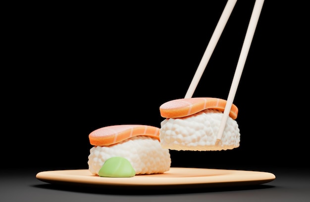 Zdjęcie tradycyjne japońskie sushi z pałeczkami na drewnianym talerzu 3d model i ilustracja