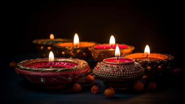 Tradycyjne lampy naftowe Diya na ciemnym tle podczas uroczystości