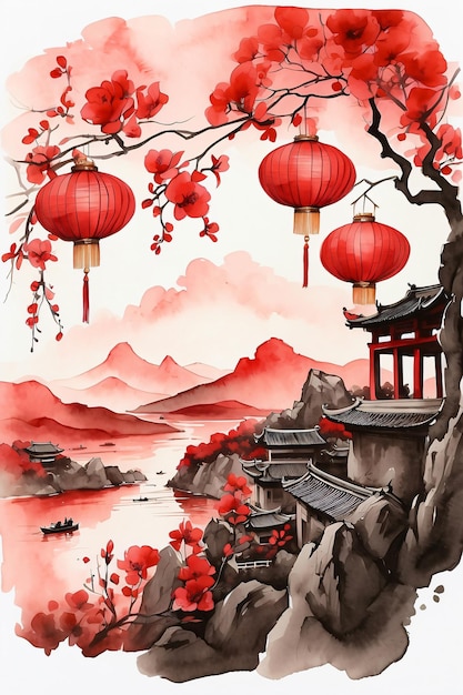 Zdjęcie tradycyjne malarstwo atramentowe chińska świątynia z dekoracją czerwoną latarnią