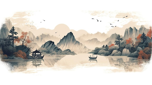 Tradycyjne malarstwo chińskie Czerwony pejzaż Malowanie wzgórz drzew na papierze z teksturą AI
