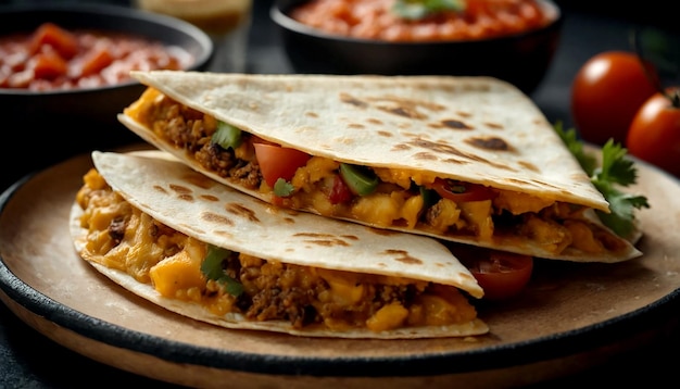Tradycyjne meksykańskie danie quesadillas z mięsem i warzywami