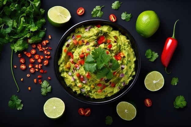 Tradycyjne meksykańskie guacamole na świeżym daniu wegetariańskim z toma z awokado, cebulą, kolendrą i ostrą papryką