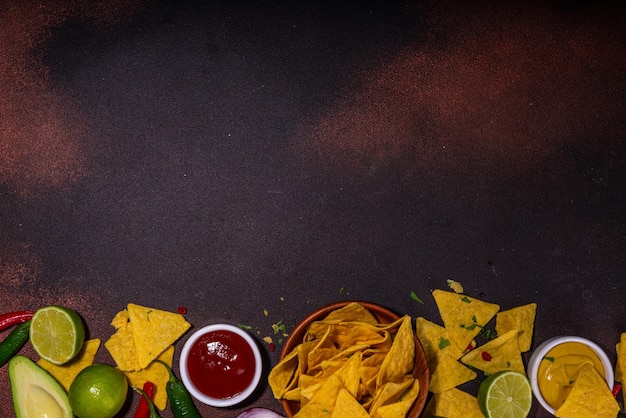 Tradycyjne meksykańskie jedzenie uliczne fast food tło kukurydza Taco nachos z mięsem warzywa awokado fasola kukurydza salsa Serwowane z różnymi sosami meksykański festiwal flatlay