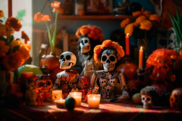 Zdjęcie tradycyjne meksykańskie święto la muerte z wieloma świecami i cukrową czaszką młoda kobieta jako la catrina z jasnym, malowanym makijażem i dekoracjami kwiatowymi na głowie wygenerowała sztuczną inteligencję