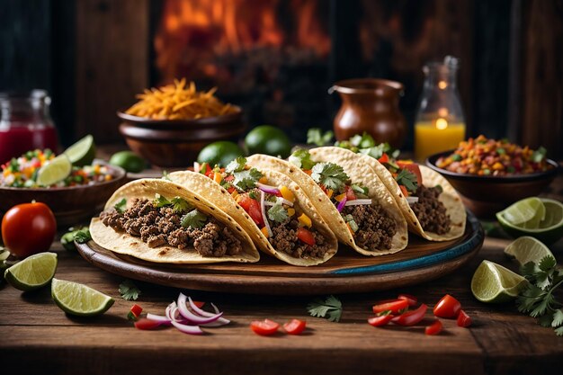 tradycyjne meksykańskie tacos z mięsem i warzywami na drewnianym stole