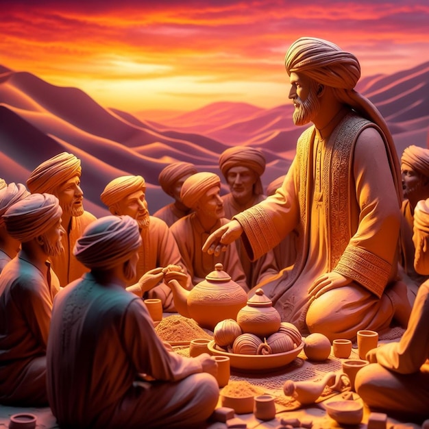 tradycyjne opowieści w glinie 580s pustynia iftar tętniący życiem zachód słońca i szczegółowe rzeźby muzułmańskich mężczyzn