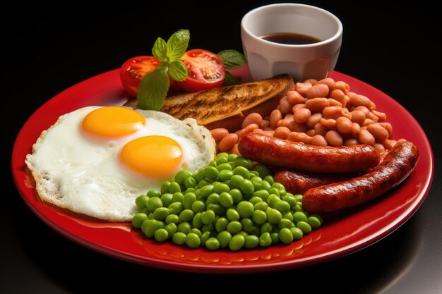 Tradycyjne pełne angielskie śniadanie z smażonymi jajkami, kiełbaskami, fasolą, grillowanymi pomidorami i bekonem.