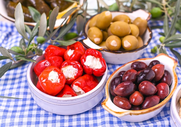 Tradycyjne przekąski, zielone i czerwone oliwki z kuchni greckiej. Świeże gałęzie oliwek. copyspace. Powyżej. Obrus w kratkę w kolorze niebieskim