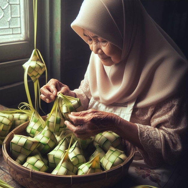 Tradycyjne przygotowanie rzemiosła Ketupat na Eid al-Fitr