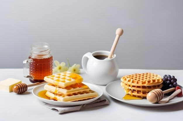 Tradycyjne śniadanie z goframi z miodem Generative AI