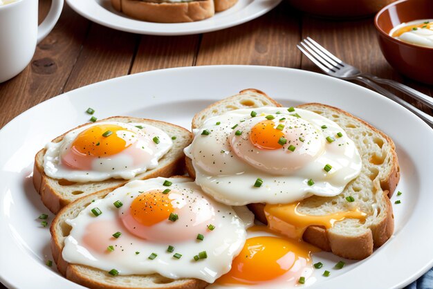 Tradycyjne śniadanie z jajkiem sadzonym i grzankami na talerzu