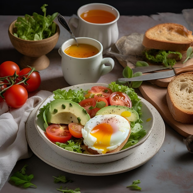 Tradycyjne śniadanie z tostami z jajek sadzonych i sałatką na talerzu wygenerowane przez AI