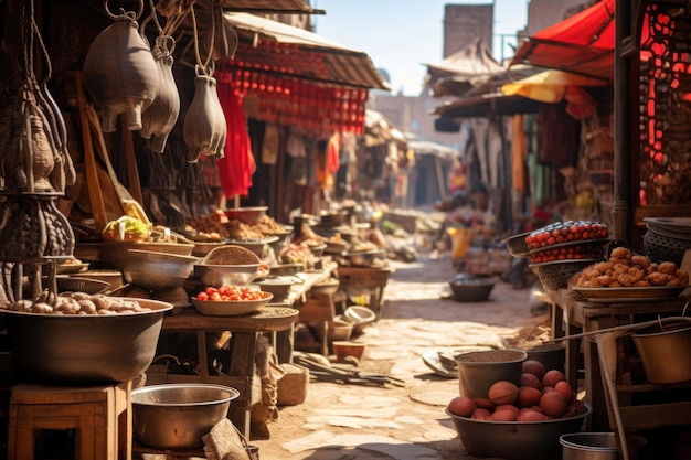 Tradycyjne stoiska uliczne na bazarze w stylu wschodnim Warzywa owoce przyprawy