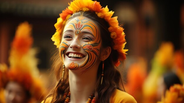 Tradycyjne twarze z kolorowym makijażem uśmiechy rozmyte tło kultura tradycja koncepcja