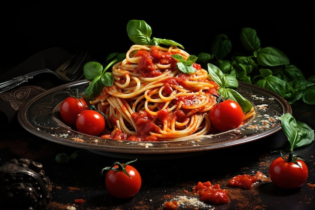 Tradycyjne włoskie spaghetti w sosie sugo z składnikami na boku, takimi jak ser pomidorowy i pietruszka