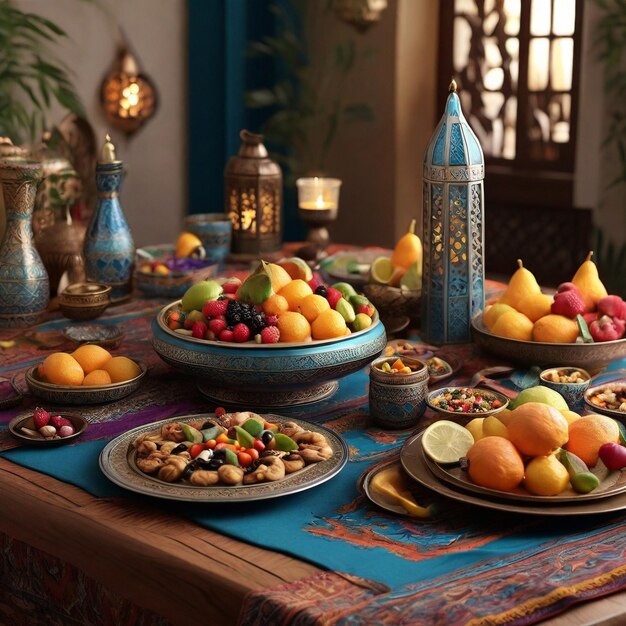 Tradycyjne wschodnie ustawienie stołu na Ramadan Kareem z świeżymi owocami i orzechami
