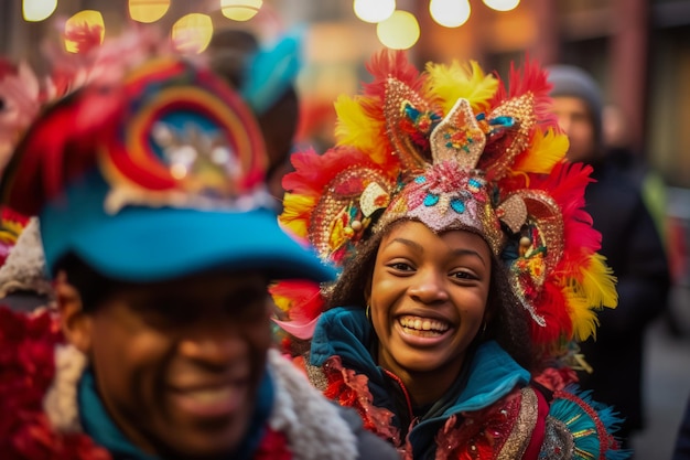 Tradycyjnie ubrani mieszkańcy cieszą się żywym karnawałem ulicznym w Nowy Rok