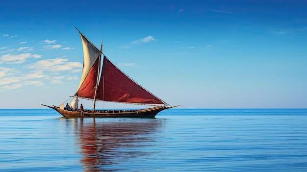 Tradycyjny afrykański rejs dau po spokojnych wodach Oceanu Indyjskiego u wybrzeży Zanzibaru w Tanzanii