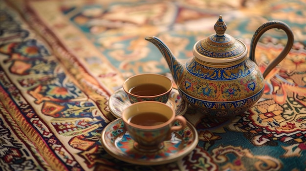 tradycyjny arabski czajnik i kubki ustawione na ozdobnym obrusie