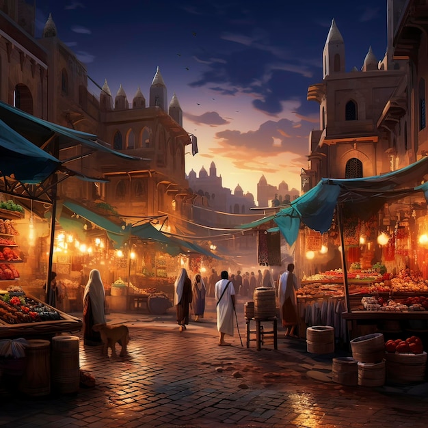 Tradycyjny arabski rynek nocą zapracowani ludzie Generacyjna ai