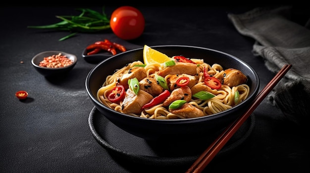 Tradycyjny azjatycki lub chiński makaron z kurczakiem i warzywami w czarnym talerzu i drewnianymi pałeczkami na ciemnym kamiennym stole Generative Ai