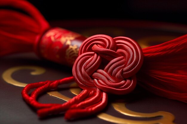Tradycyjny chiński węzeł z czerwoną sznurką i złotą monetą