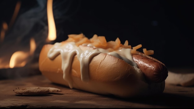 Tradycyjny hot dog z musztardą z keczupem kiełbasianym i tartą serową bułką z selektywnym skupieniem zbliżenie