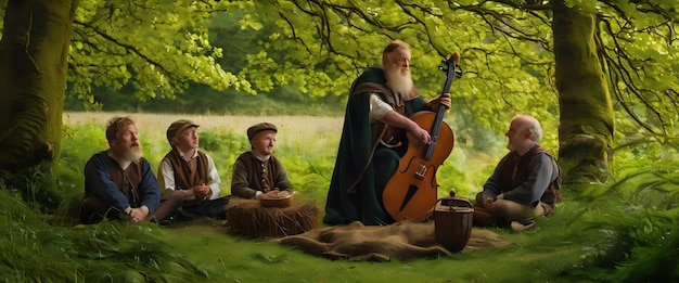 Zdjęcie tradycyjny irlandzki opowiadacz opowiadań fascynuje publiczność opowieściami folklorystycznymi i legendami