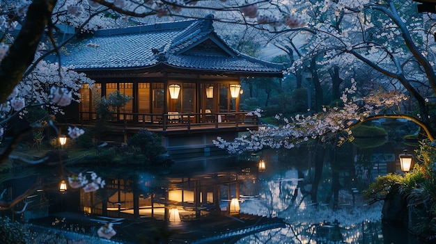 Tradycyjny japoński dom z pięknym drzewem wiśniowym na przednim podwórku