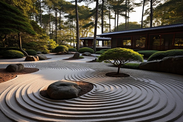 Tradycyjny japoński ogród z piaskiem w doskonałych liniach