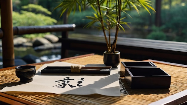 Zdjęcie tradycyjny japoński zestaw kaligraficzny umieszczony na stole w spokojnym ogrodzie