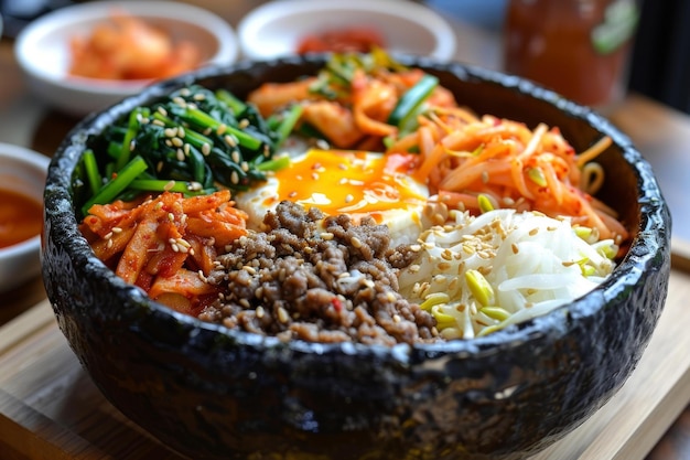 Zdjęcie tradycyjny koreański bibimbap z dodatkami