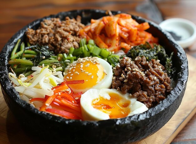 Tradycyjny koreański Bibimbap z jajkami Sunny Side Up