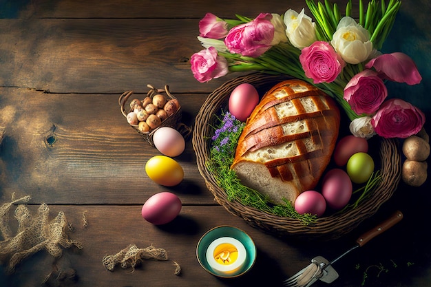 Zdjęcie tradycyjny koszyczek wielkanocny z bochenkiem chleba i wiosennymi kwiatami