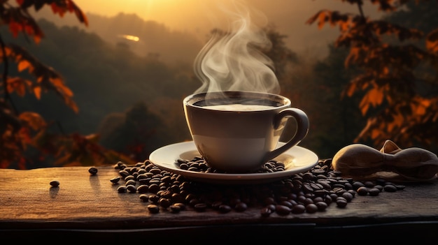 Tradycyjny kubek kawy z parą w kształcie serca na drewnie