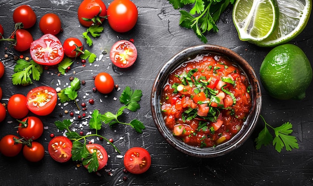 Tradycyjny latynoamerykański meksykański sos salsowy Z góry widok na czarnym stole