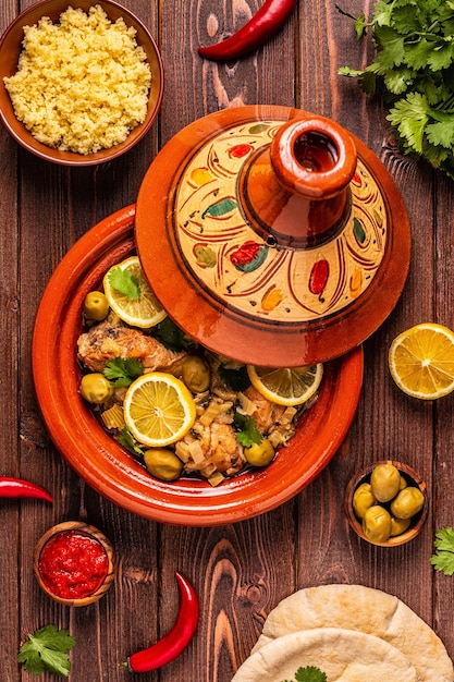 Tradycyjny marokański tajine z kurczaka z solonymi cytrynami i oliwkami