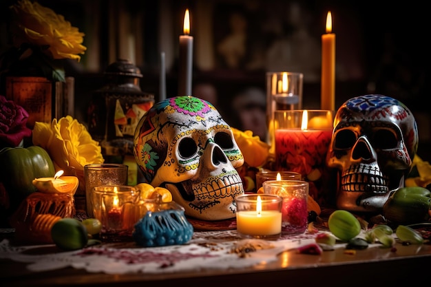 Tradycyjny meksykański ołtarz z okazji Dnia Zmarłych z cukrowymi czaszkami i świecami