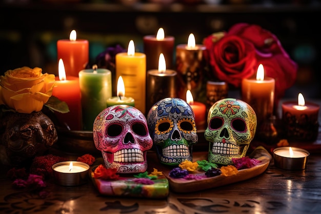 Tradycyjny meksykański ołtarz z okazji Dnia Zmarłych z cukrowymi czaszkami i świecami