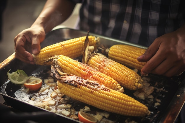 Tradycyjny meksykański sprzedawca ulicznego jedzenia przygotowuje elotes grillowaną kukurydzę z dodatkami