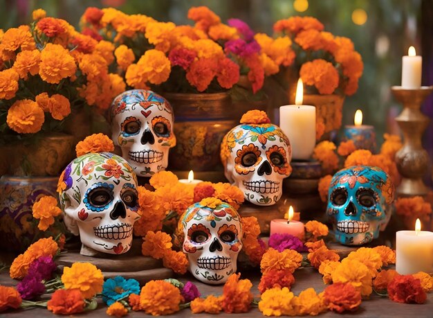 Tradycyjny meksykański stół z okazji Dnia Zmarłych z kolorowymi czaszkami, świecami i kwiatami