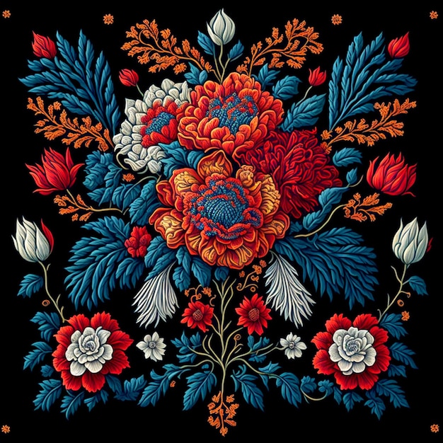 tradycyjny meksykański wzór haftu ze skomplikowanymi i delikatnymi motywami kwiatowymi