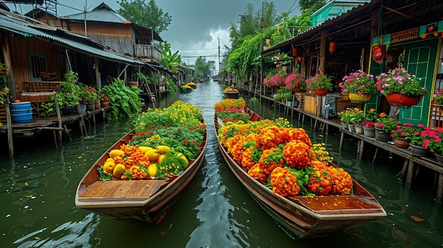 Zdjęcie tradycyjny pływający targ w bangkoku z łodziami wypełnionymi owocami i kwiatami