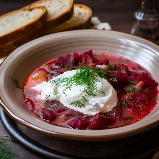 Tradycyjny polski czerwony borscht z kwaśną śmietaną i dnem