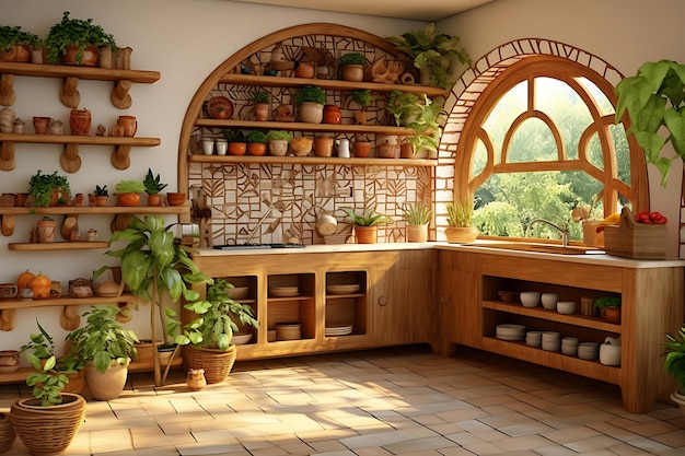 Tradycyjny projekt wnętrza pokoju kuchennego renderowania 3D