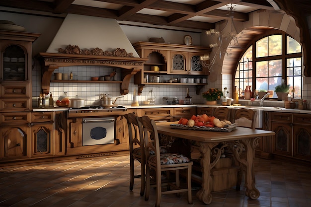 Tradycyjny projekt wnętrza pokoju kuchennego renderowania 3D