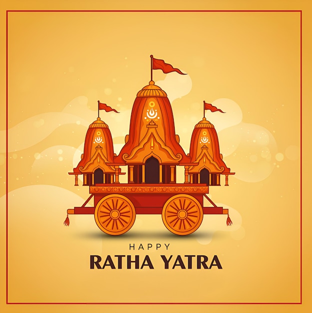 Tradycyjny Ratha Yatra Festival Chariot z świątyniami i flagami na żółtym tle