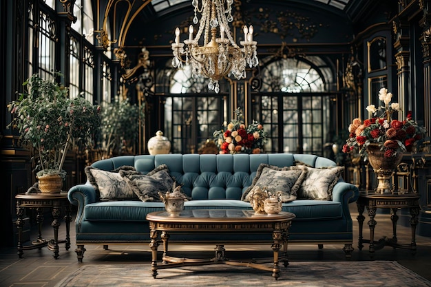 Tradycyjny salon z klasycznymi meblami, w tym aksamitną sofą pikowaną na guziki